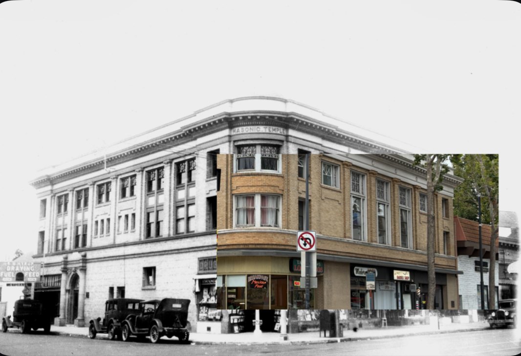A then-and-now pair exported with the old photo tucked into a corner of the new one.